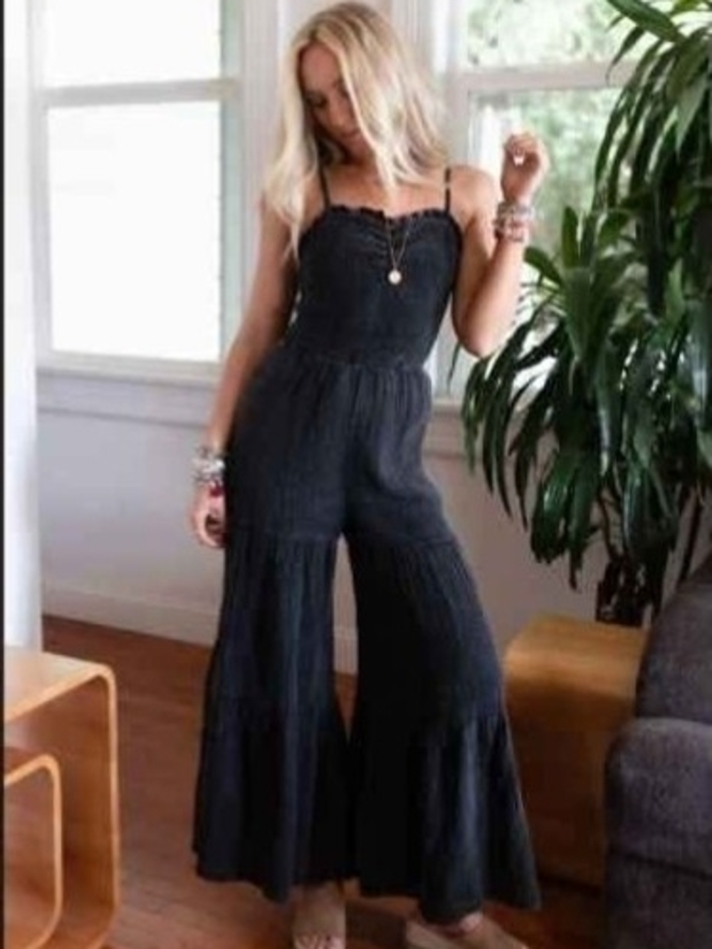 Three Bird Nest Black Smocked Tiered Wide-Leg Jumpsuit with Adjustable Straps